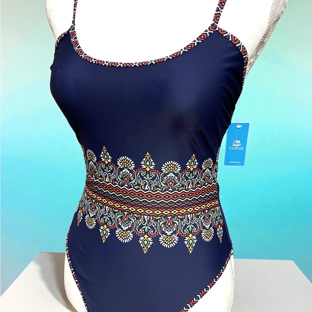 Cupshe Navy Women’s One-Piece Swimsuit with Vibrant Pattern